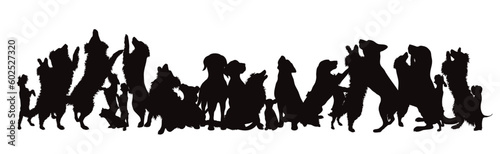 Vector silhouette of group of dogs on white background.