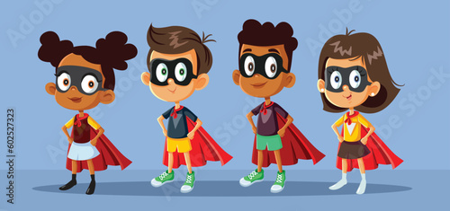 Set of Superhero Kids Characters Wearing Capes Vector Illustration. Group of friends wearing superhero costumes 
