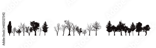 Set of vector silhouette of trees on white background.