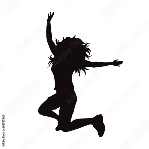 Vector silhouette of happy woman on white background.