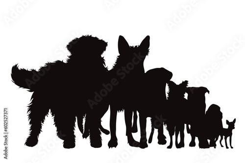Vector silhouette of group of dogs on white background. © majivecka