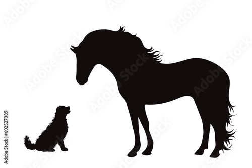 Vector silhouette of dog with horse on white background.