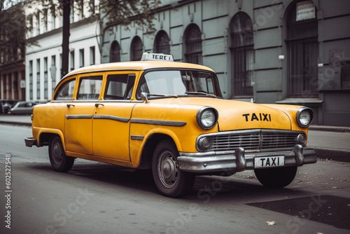 Photo of yellow taxi in big city. Urban background and gray city architecture buildings with yellow taxi driving on street. Generative AI