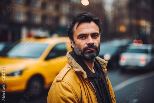 Portrait of handsome taxi driver outdoors. Close up of middle age taxi driver standing in front of yellow taxi. Generative AI