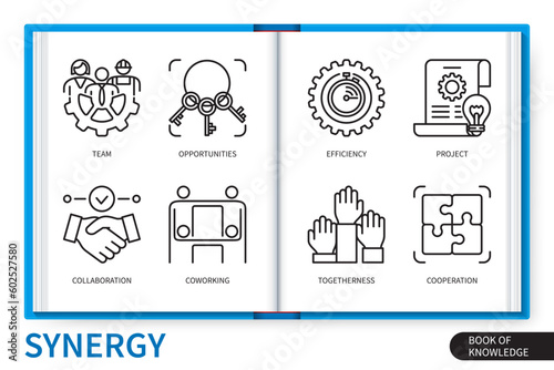 Synergy infographics linear icons collection