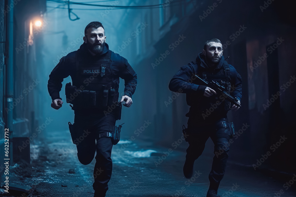 Fototapeta premium Two police officers run after suspect. Heroin dealer being chased by police officers. Fighting crime concept. Generative AI