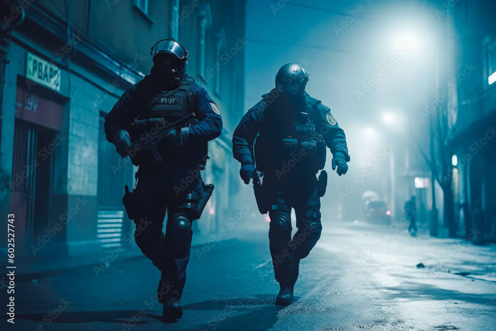Two police officers run after suspect. Heroin dealer being chased by police officers. Fighting crime concept. Generative AI Two police officers run after suspect. Heroin dealer being chased by police officers. Fighting crime concept. Generative AI