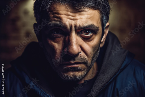 Portrait of criminal looking upset after his arrest. Suspect portrait after police confrontation. Generative AI © VisualProduction