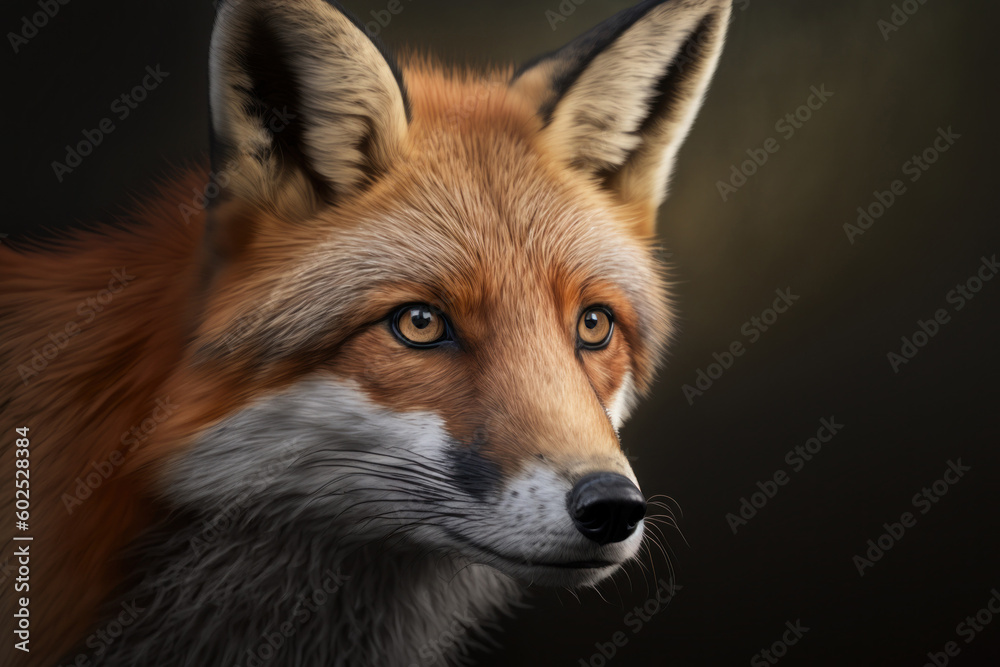 Obraz premium Red fox on dark background, digital illustration painting. Generative AI