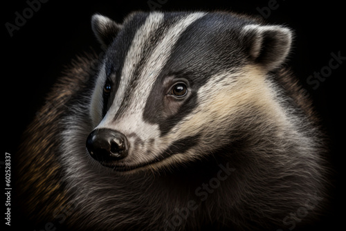 Badger portrait on dark background. AI Generative © Uliana