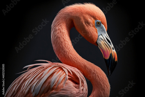 Close portrait pink flamingo on dark, Generative AI
