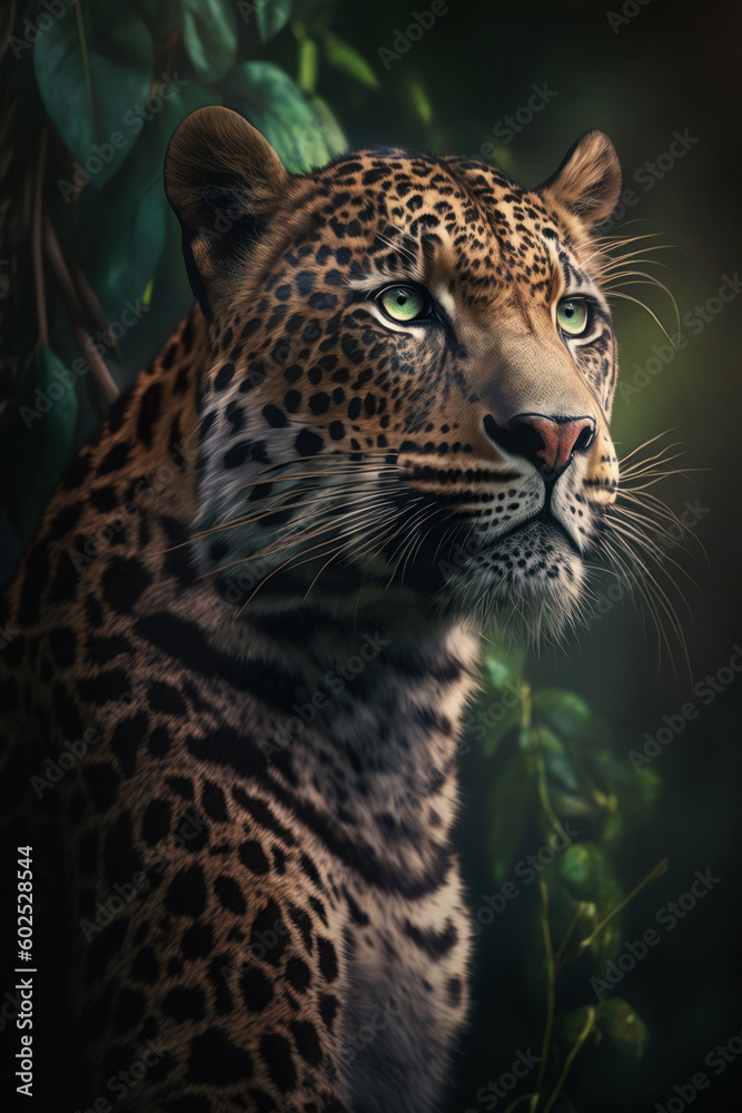 Fototapeta premium Leopard portrait on jungle background, Generative AI