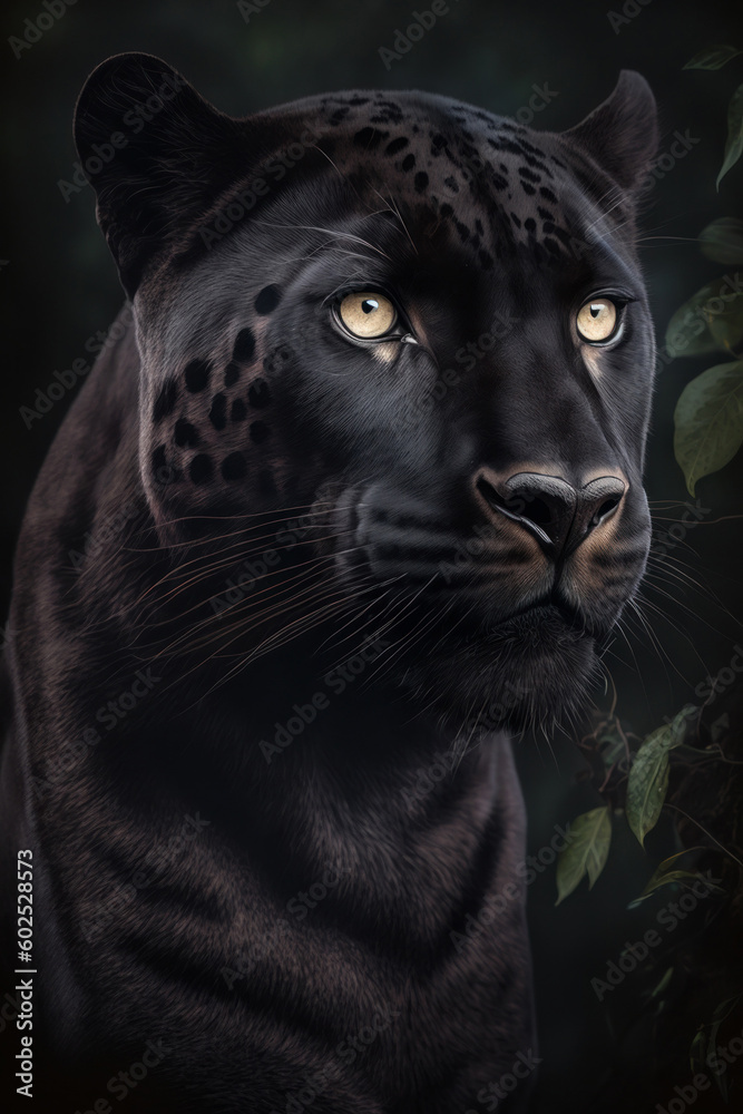 Leopard portrait on jungle background, digital illustration painting, Generative AI