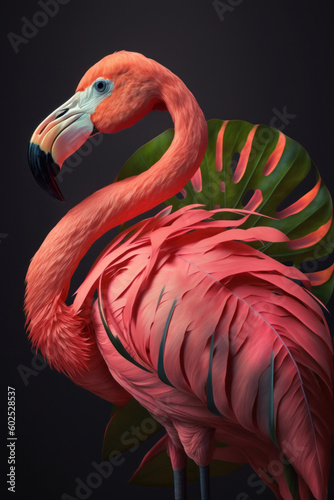 Close portrait pink flamingo with leaf, Generative AI