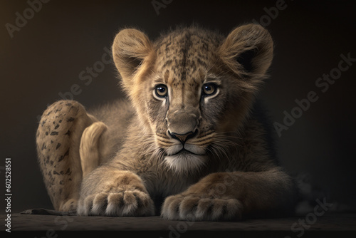 Portrait of a baby lion on a dark background, Generative AI