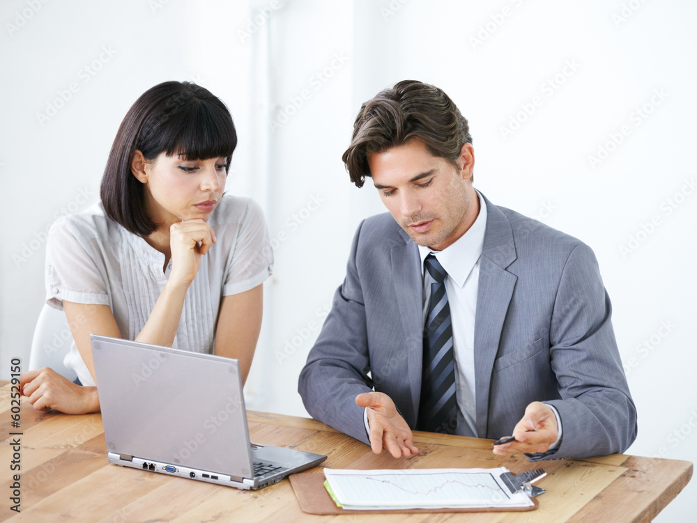 Business people, laptop and meeting for financial report, profit or discussing graph, data or chat at office desk. Businessman or woman in finance strategy, planning or investment review at workplace Business people, laptop and meeting for financial report, profit or discussing graph, data or chat at office desk. Businessman or woman in finance strategy, planning or investment review at workplace