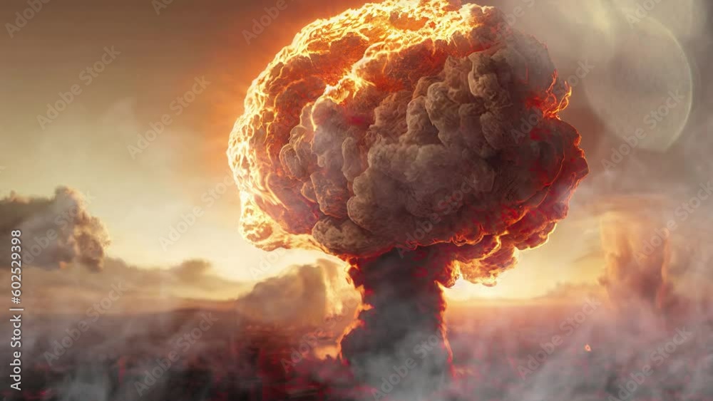 An explosion in a town's skyline making a nuclear fire mushroom cloud