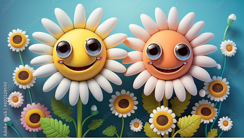 Cute funny smail flowers background, Cartoon papercut style cute floral