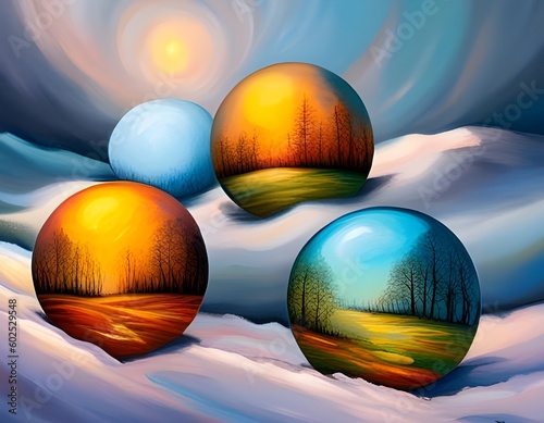 Fotografie, Obraz beautiful orbs in seasonal colors with little landscapes inside, seasonal change