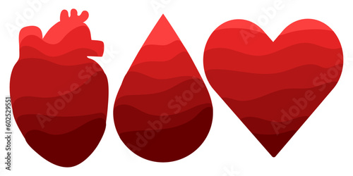 A set of large elements with layers of drops, the heart is made of shades of red. The transition to light, filling the drop and the heart with blood Elements on a white background hemophilia, donation