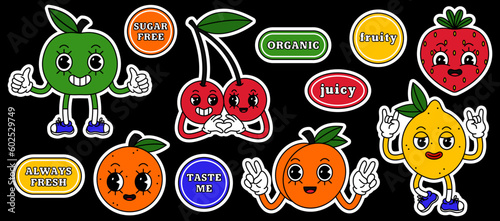 Sticker set of fruit retro cartoon character. Sticker pack of juicy cherry, strawberry, peach, lemon, orange and apple with quotes and slogans.