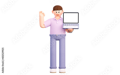 3D illustration of a man holding an empty laptop and making a successful presentation. He's signing OK with one hand.