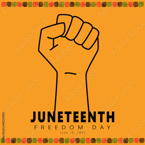 Juneteenth Freedom day card. Outline Clenched fists. Celebration freedom, emancipation day in 19 june, National Independence Day, African American history and heritage. Vector illustration on Yellow