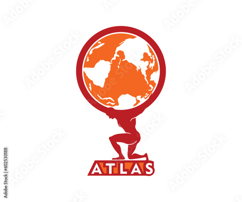 RED PLANET ATLAS LOGO, silhouette of a strong man hold earth vector illustrations