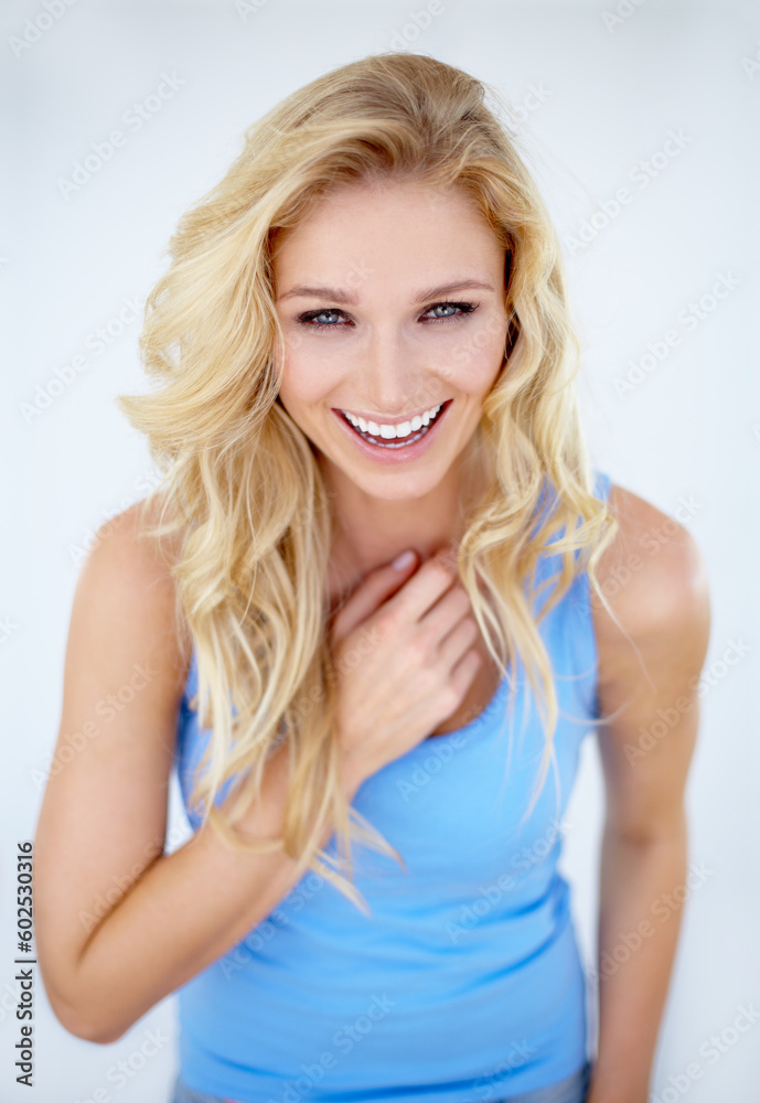 Portrait, happy woman and laughing in studio, white background and isolated for happiness, confidence and smile. Female model in good mood, positive personality and laughter of funny, comedy and joke Portrait, happy woman and laughing in studio, white background and isolated for happiness, confidence and smile. Female model in good mood, positive personality and laughter of funny, comedy and joke
