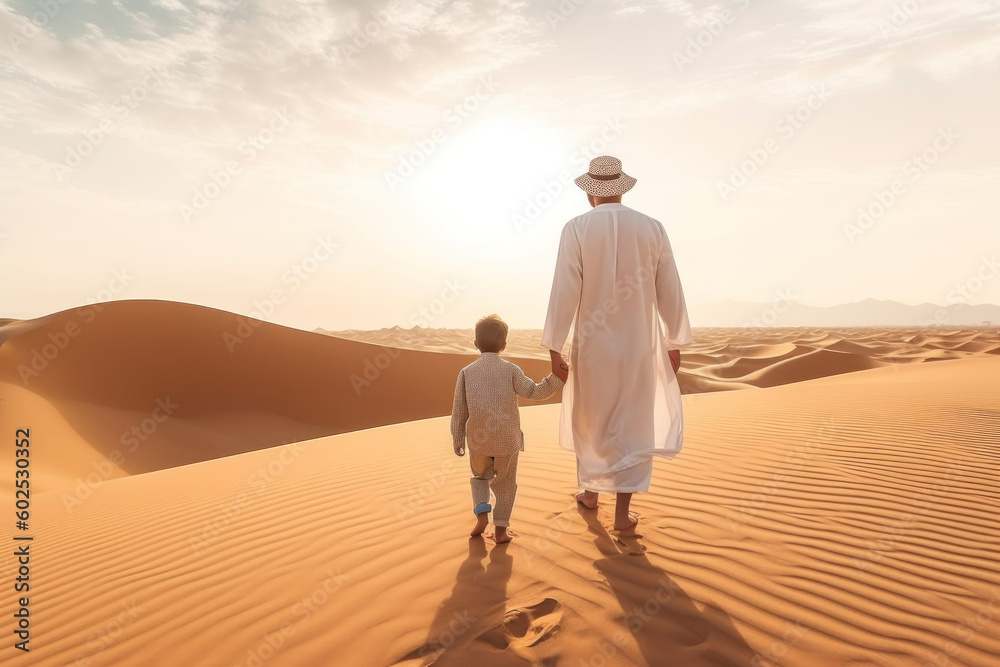 Father and son wear white clothes, walking together in the desert. Generative AI.