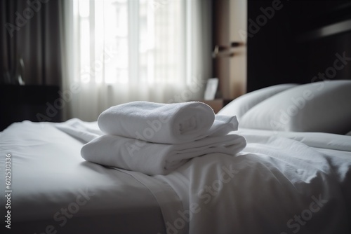 fresh bed service white luxury hotel towel room resort home. Generative AI.
