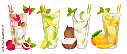 A set of summer refreshing cocktails, classic mojito with lime, with lychee, mango mojito,coconut mojito.Vector illustration.