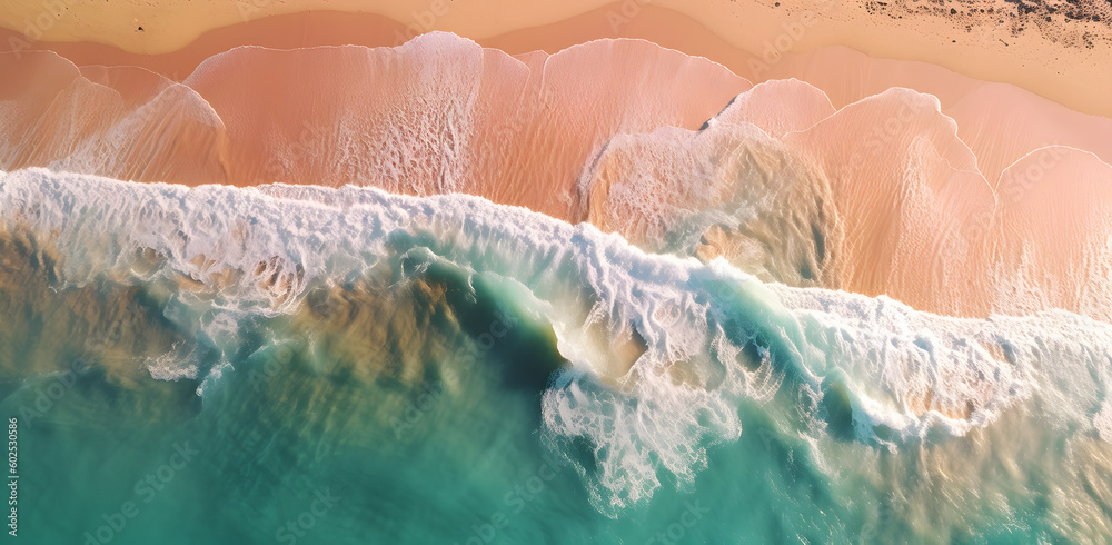 Tropical Paradise Getaway: Aerial View of Azure Waters and Sandy Beach with Ocean Waves, waves crushing at a beach shore in summer (made with a help of generative ai)