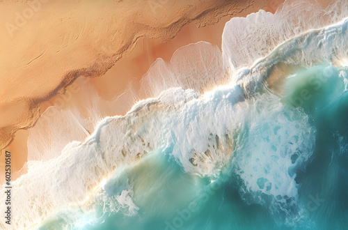 Tropical Paradise Getaway: Aerial View of Azure Waters and Sandy Beach with Ocean Waves, waves crushing at a beach shore in summer (made with a help of generative ai)
