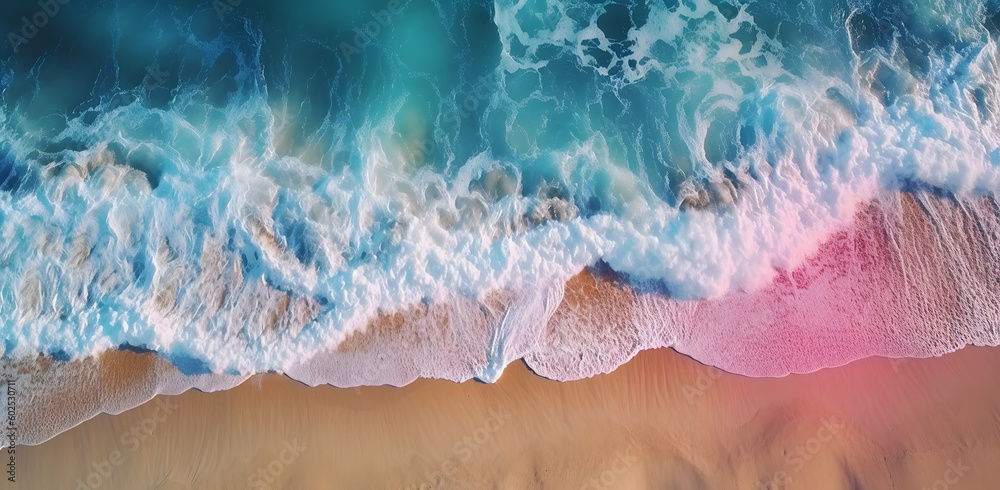 Tropical Paradise Getaway: Aerial View of Azure Waters and Sandy Beach with Ocean Waves, waves crushing at a beach shore in summer (made with a help of generative ai) Tropical Paradise Getaway: Aerial View of Azure Waters and Sandy Beach with Ocean Waves, waves crushing at a beach shore in summer (made with a help of generative ai)