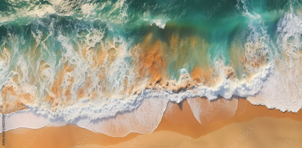 Tropical Paradise Getaway: Aerial View of Azure Waters and Sandy Beach with Ocean Waves, waves crushing at a beach shore in summer (made with a help of generative ai)