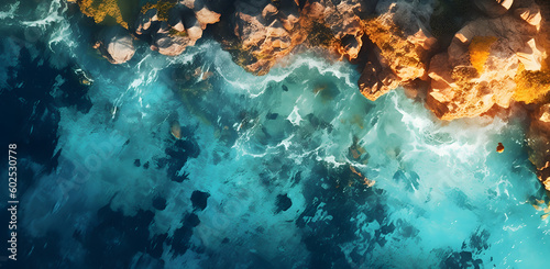 Tropical Paradise Getaway  Aerial View of Azure Waters and Sandy Beach with Ocean Waves  waves crushing at a beach shore in summer  made with a help of generative ai 