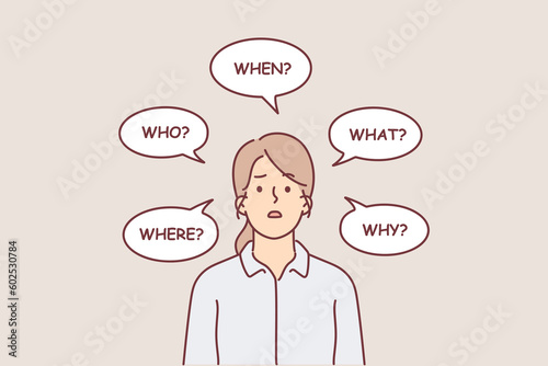 Puzzled woman among question words for concept of making important decisions and problems