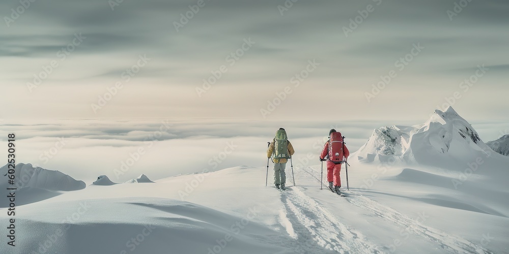 High Altitude Adventure: Majestic Mountain Landscape with Snow Covered Peaks, Perfect for Climbing, Hiking and Winter Sports. Generative AI illustrations.