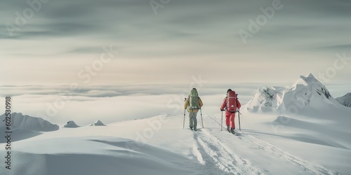 High Altitude Adventure: Majestic Mountain Landscape with Snow Covered Peaks, Perfect for Climbing, Hiking and Winter Sports. Generative AI illustrations. © Thares2020