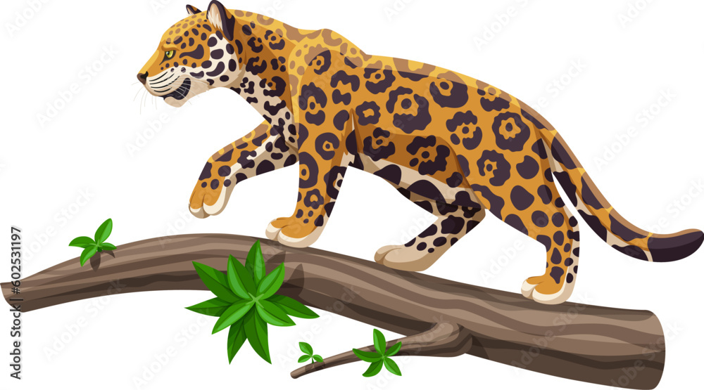 Fototapeta premium Jaguar walking on a tree trunk vector illustration. Big tropical cat jaguar or leopard on a tree. Endangered animal species.