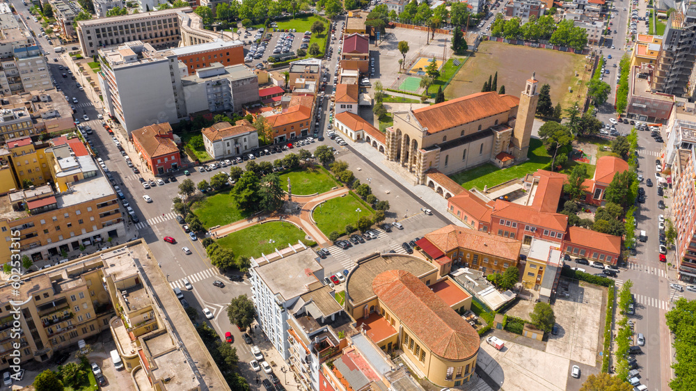 Aerial view of Latina Cathedral. The church is dedicated to Saint Mark and located in the centre of the city of Latina, Lazio, Italy. The Duomo of San Marco is a Roman Catholic cathedral.