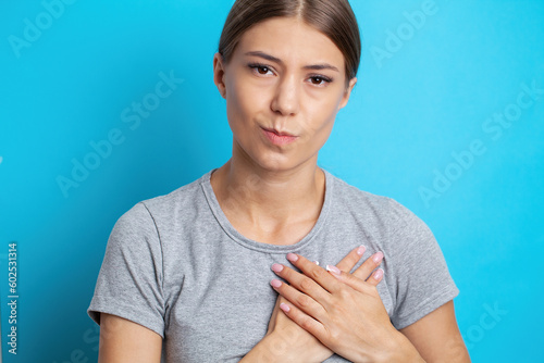 Heart Pain, Beautiful Woman Suffering From Pain In Chest.