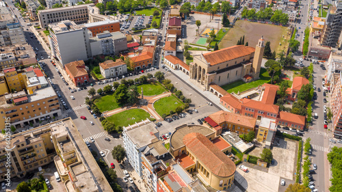 Aerial view of Latina Cathedral. The church is dedicated to Saint Mark and located in the centre of the city of Latina, Lazio, Italy. The Duomo of San Marco is a Roman Catholic cathedral.