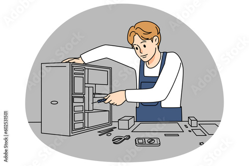 Technician repair computer hardware with screwdriver