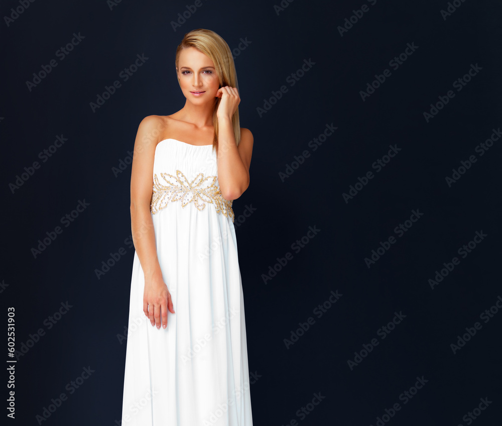 Fashion, beauty and portrait of woman in prom dress for party, celebration or formal with mockup. Couture, designer or luxury with girl in evening gown isolated on black background for elegant style