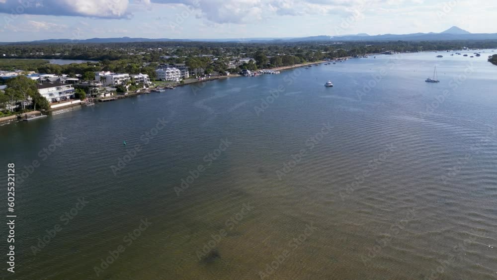 Noosa, Boats on River Drone Fly Over Noosa, Boats on River Drone Fly Over