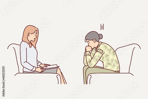 Woman military soldier with psychologist helping to get rid psychological problems received in army