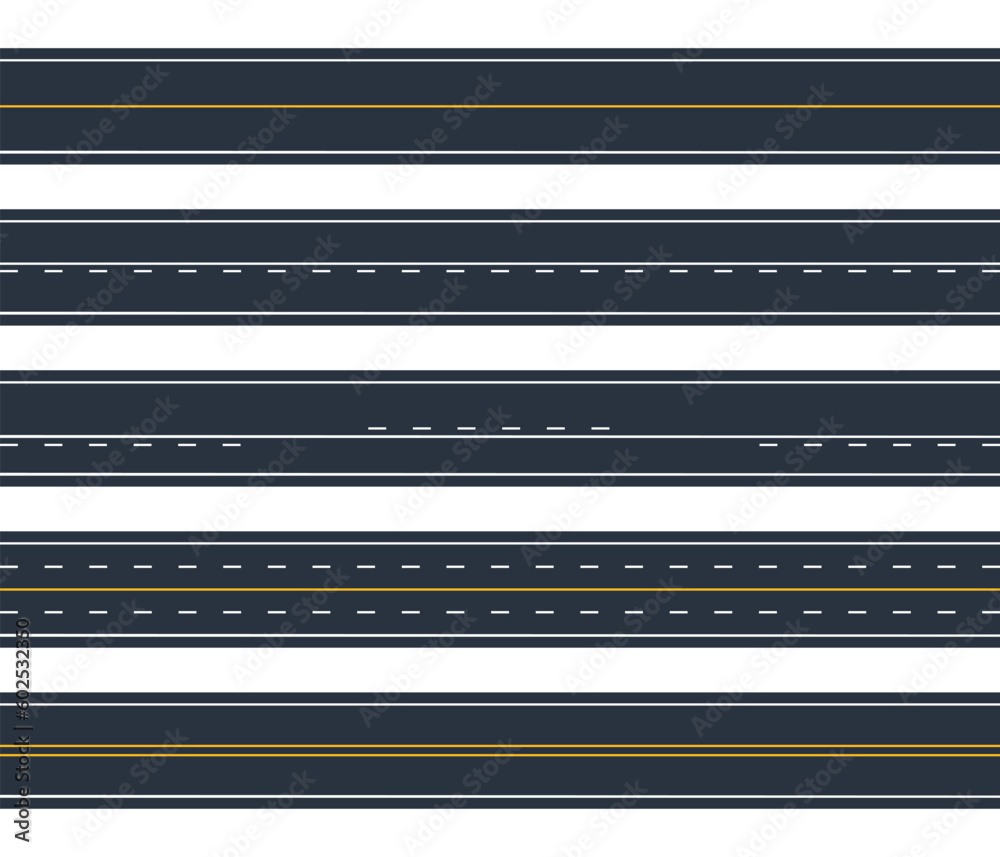 Highway road. Asphalt roads, city street markings roads, horizontal street roadway flat vector illustration set Highway road. Asphalt roads, city street markings roads, horizontal street roadway flat vector illustration set