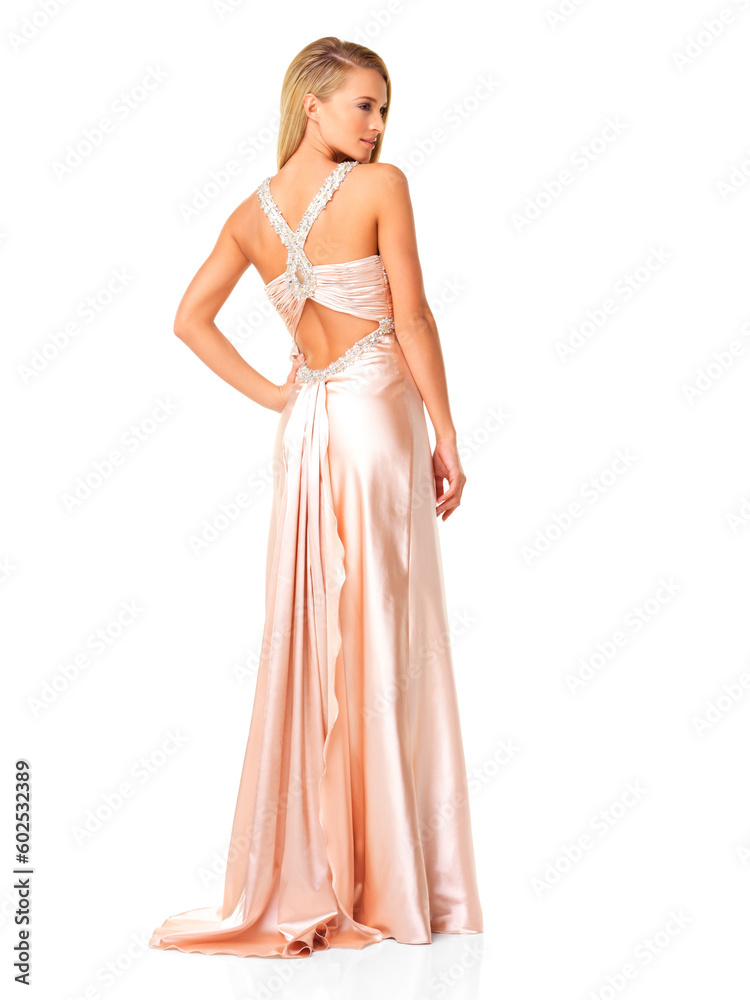 Fashion, glamour and elegant while wearing a dress or evening gown as a wedding bridesmaid or for prom against white studio background. Classy and beautiful young woman attending fancy party or event Fashion, glamour and elegant while wearing a dress or evening gown as a wedding bridesmaid or for prom against white studio background. Classy and beautiful young woman attending fancy party or event
